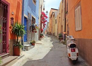 Colorful tiny winding streets of Italian village