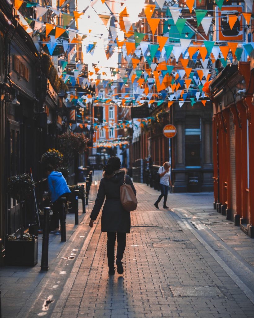 Lady walking the streets of Dublin Ireland