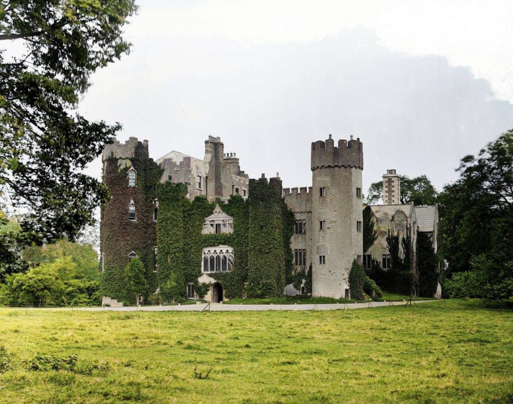 A historic castle with ivy-covered stone walls, tall turrets, and arched windows stands amidst lush greenery, reminiscent of the best castles near Dublin. A grassy field stretches in the foreground, with trees on either side framing this captivating fortress.