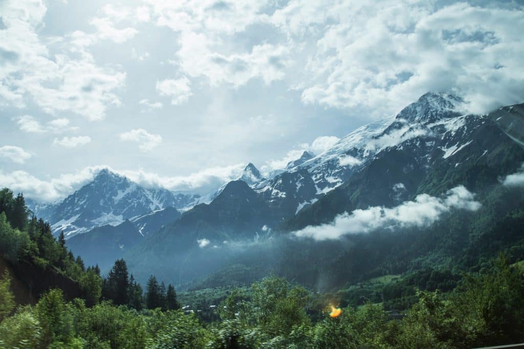 Snowy mountains over a valley in Courmayeur Mont Blanc Funivie, Courmayeur, Italy