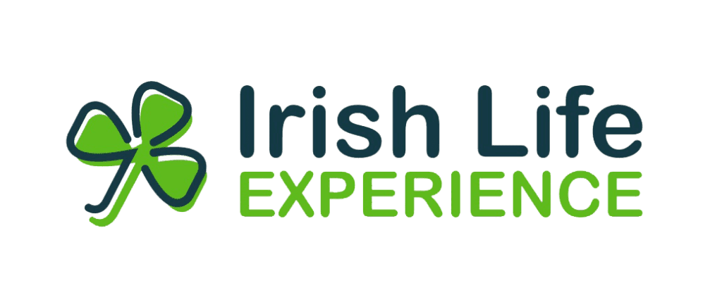 Logo with a green shamrock on the left and the words "Irish Life" in dark green and "EXPERIENCE" in bright green on the right, all against a light background.