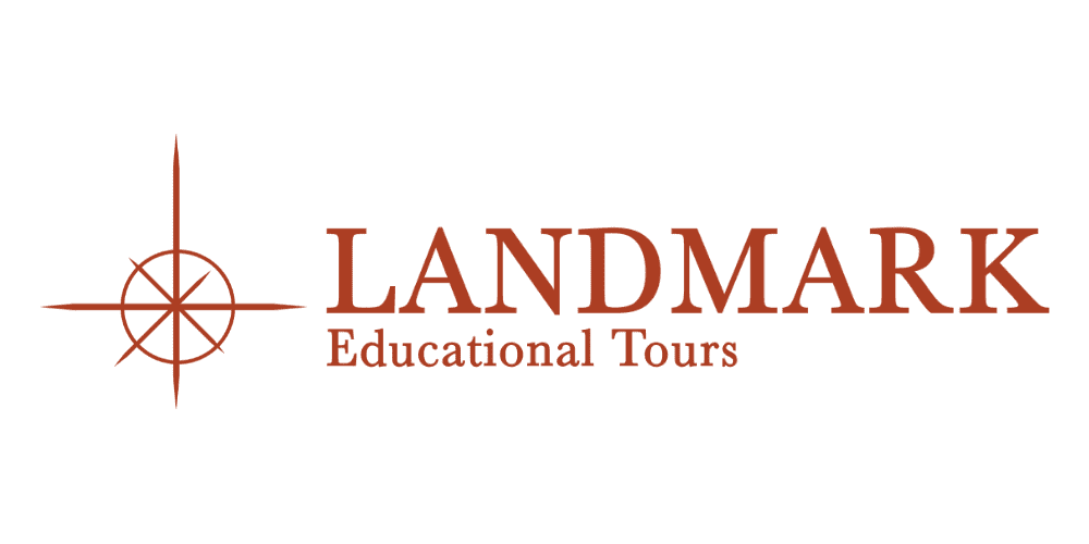 Logo for Landmark Educational Tours with a stylized compass graphic on the left and the words "LANDMARK Educational Tours" in brown capital letters on the right, set against a light background.