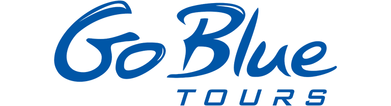 Go Blue Tours logo in blue cursive and block lettering on a light background, similar in style to Juniper Tours branding.