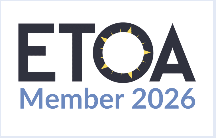 ETOA Member 2026 logo; the "O" in "ETOA" contains a sun design with yellow rays.